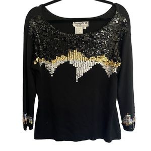 JOSEPH A Womens Sequin Silk Blend Top Size XL Metalic Silver Gold Sweater